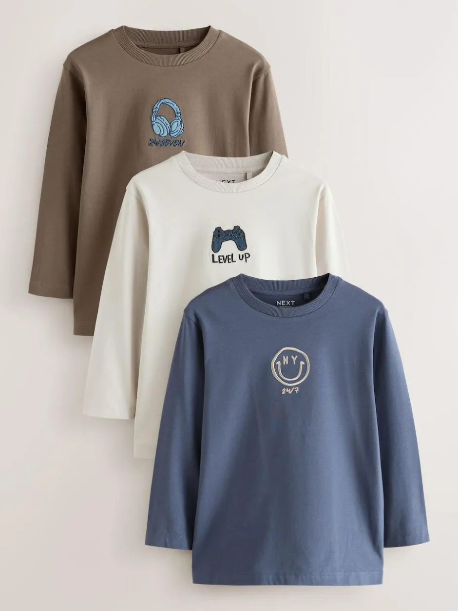 Next Graphic Long Sleeve T-Shirts 3 Pack (3-16yrs) Grey/Blue/Brown Embroidery