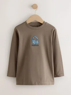 Next Graphic Long Sleeve T-Shirts 3 Pack (3-16yrs) Grey/Blue/Brown Embroidery