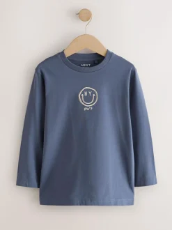 Next Graphic Long Sleeve T-Shirts 3 Pack (3-16yrs) Grey/Blue/Brown Embroidery