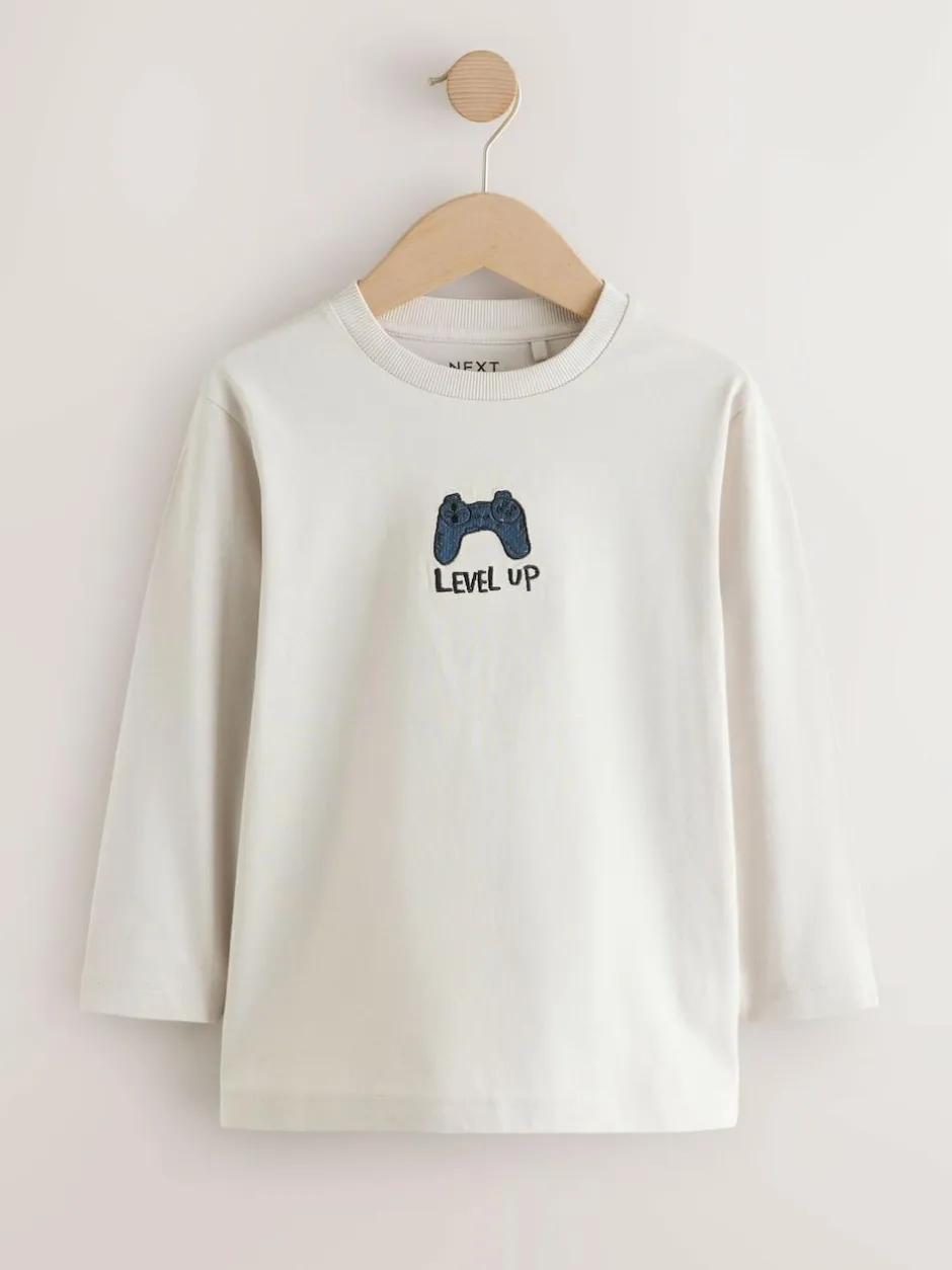Next Graphic Long Sleeve T-Shirts 3 Pack (3-16yrs) Grey/Blue/Brown Embroidery
