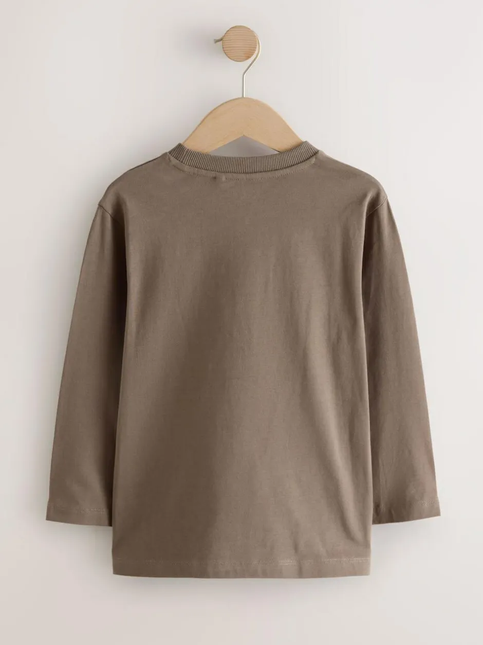 Next Graphic Long Sleeve T-Shirts 3 Pack (3-16yrs) Grey/Blue/Brown Embroidery