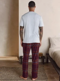 Next Motionflex Cosy Short Sleeve Pyjamas Set Grey/Burgundy Red Check New