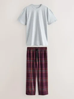 Next Motionflex Cosy Short Sleeve Pyjamas Set Grey/Burgundy Red Check New