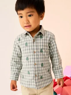 Next Grey/Ecru Long Sleeve All Over Embroidery Gingham Check Christmas Shirt (3mths-7yrs) New