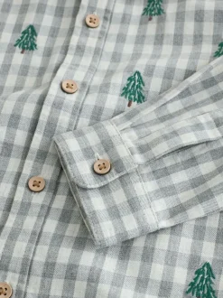 Next Grey/Ecru Long Sleeve All Over Embroidery Gingham Check Christmas Shirt (3mths-7yrs) New