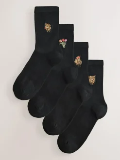 Next Hamish The Highland Cow / Tulips Embroidered Motif Ankle Socks 4 Pack Clearance