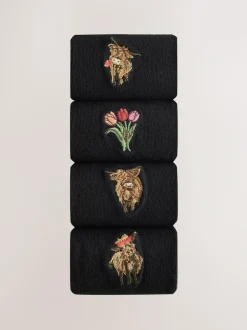 Next Hamish The Highland Cow / Tulips Embroidered Motif Ankle Socks 4 Pack Clearance