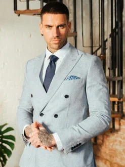 Harry Brown Giacomo Cotton Linen Double Breasted Suit Jacket Blue Best