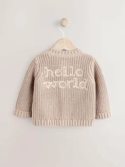 Next Chunky Knitted Embroidered Baby Cardigan Hello World Neutral Clearance