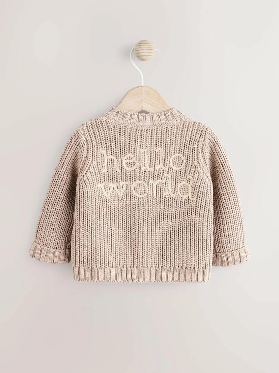 Next Chunky Knitted Embroidered Baby Cardigan Hello World Neutral Clearance