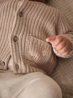 Next Chunky Knitted Embroidered Baby Cardigan Hello World Neutral Clearance