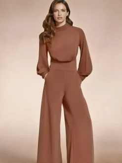 Hot Squash Wide Leg Jumpsuit with Blouson Sleeve Brown Sale