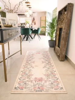 Hug Rug Cream and Floral Print British Made Washable Botantical Border Runner Clearance
