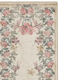 Hug Rug Cream and Floral Print British Made Washable Botantical Border Runner Clearance