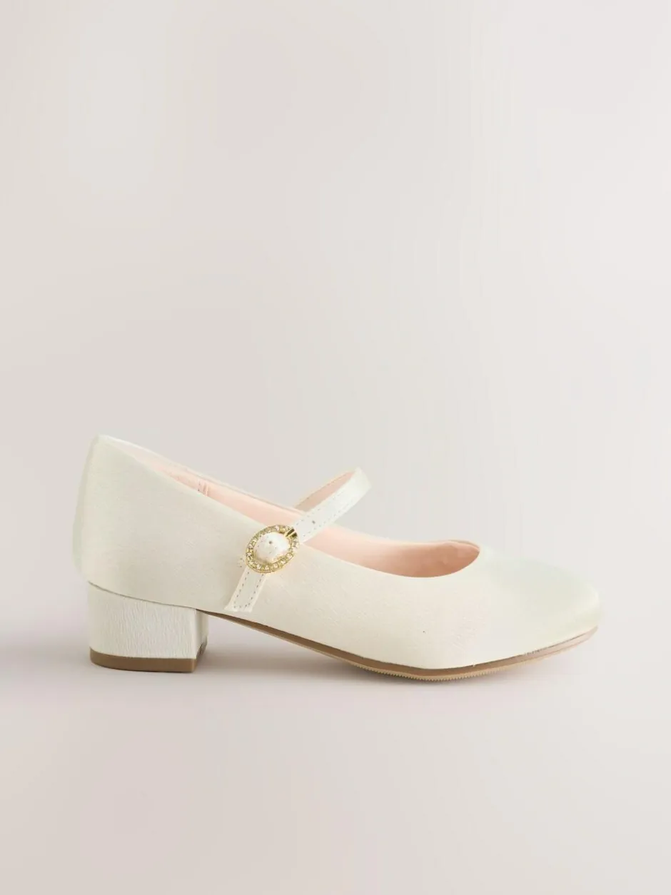 Next Standard Fit (F) Stain Resistant Satin Mary Jane Flower Girl Heeled Shoes Ivory