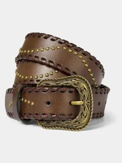 Joe Browns Brown Patterned Leather Belt With Gold Buckle & Studs Earrings Best