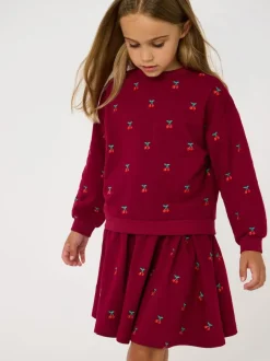 Jojo Maman Bébé Berry Red Cherry Embroidered Sweatshirt & Skirt Set Clearance