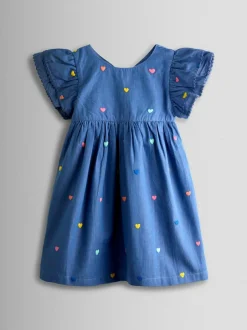 Jojo Maman Bébé Embroidered Frill Sleeve Dress Blue New
