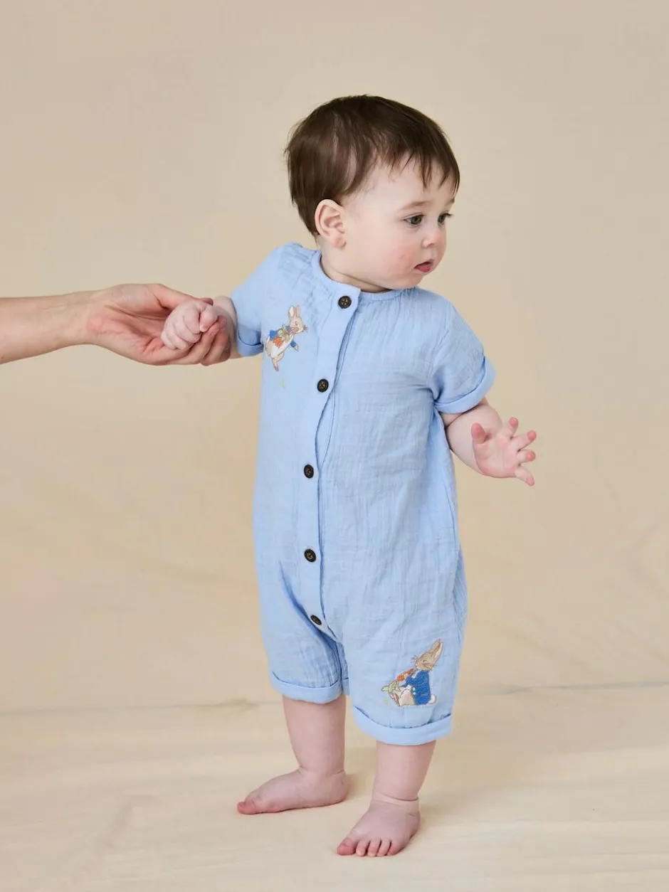 Jojo Maman Bébé Blue Peter Rabbit™ Cheesecloth Button Front 100% Cotton Romper New