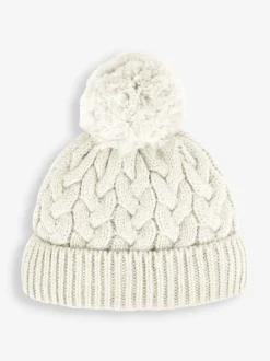 Jojo Maman Bébé Cream Chunky Cable Knit Pom Pom Hat New