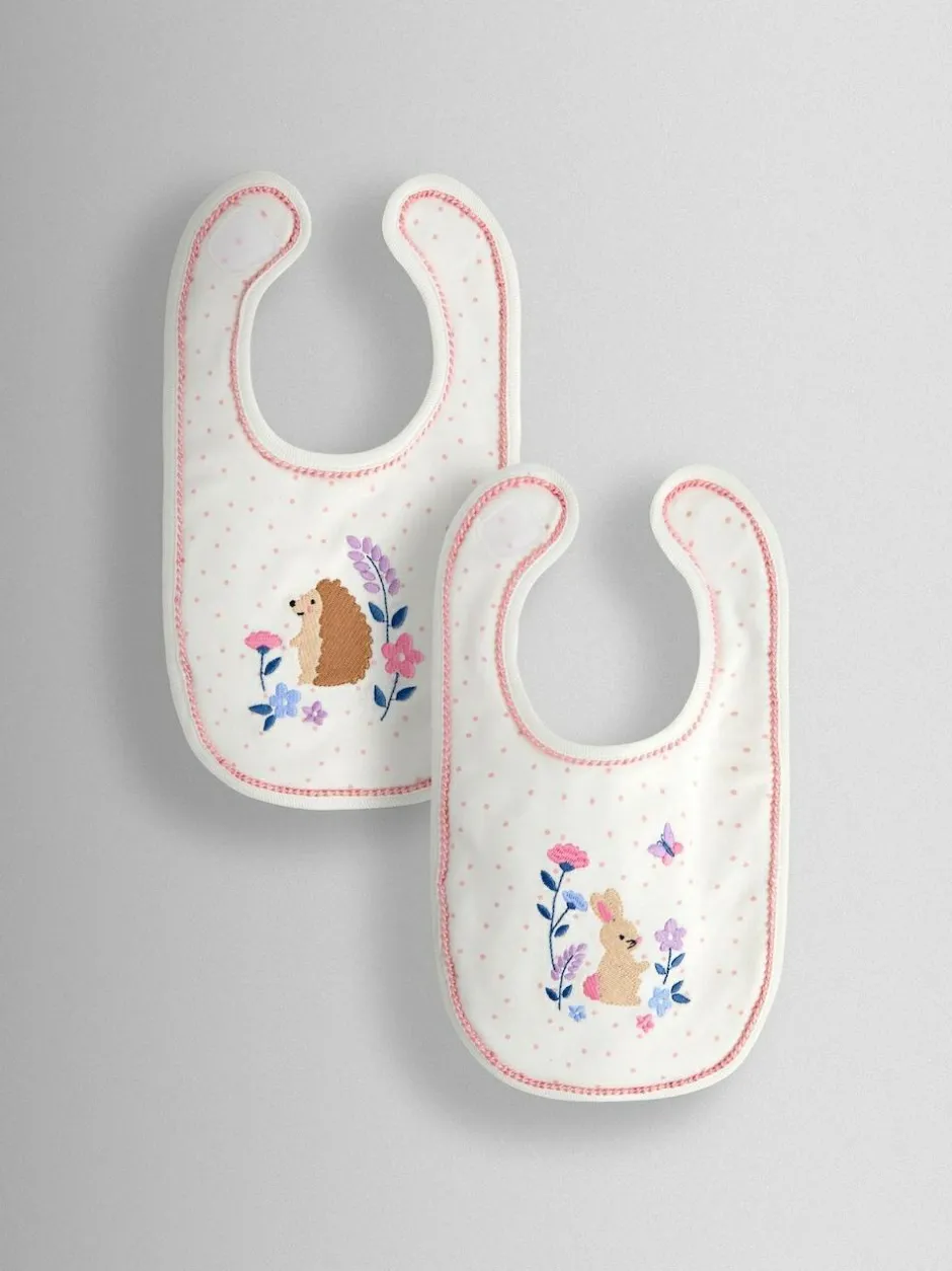 Jojo Maman Bébé Cream Speckled Hedgehog 2-Pack Embroidered Appliqué Bibs Best