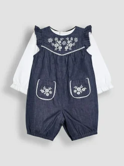Jojo Maman Bébé Denim Blue Embroidered Chambray Dungarees & Top Set Best