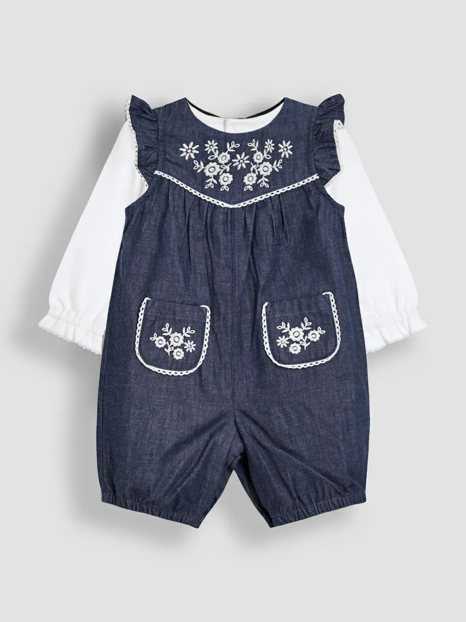 Jojo Maman Bébé Denim Blue Embroidered Chambray Dungarees & Top Set Best