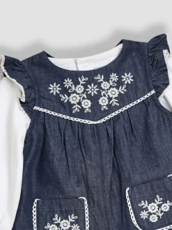 Jojo Maman Bébé Denim Blue Embroidered Chambray Dungarees & Top Set Best