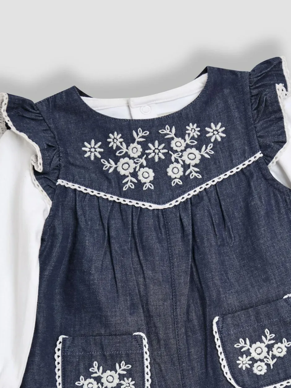 Jojo Maman Bébé Denim Blue Embroidered Chambray Dungarees & Top Set Best