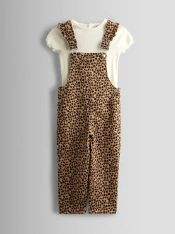 Jojo Maman Bébé Leopard Print Dungaree & T-Shirt Set New