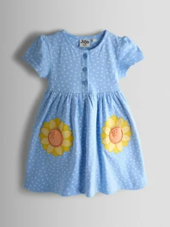 Jojo Maman Bébé Light Blue Sunflower Appliqué Pockets Button Front Dress Best