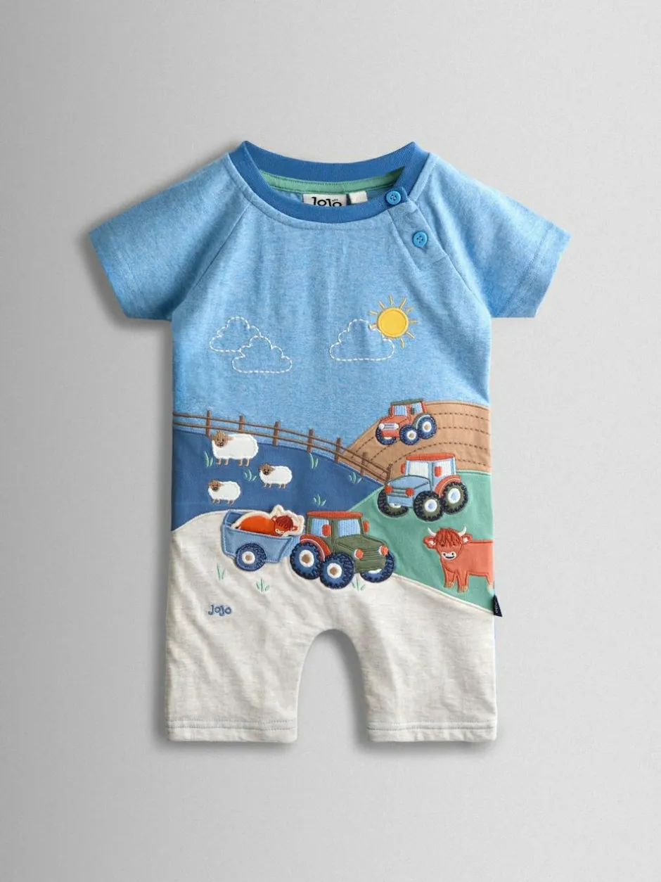 Jojo Maman Bébé Light Blue Tractor Appliqué Scene Romper Online