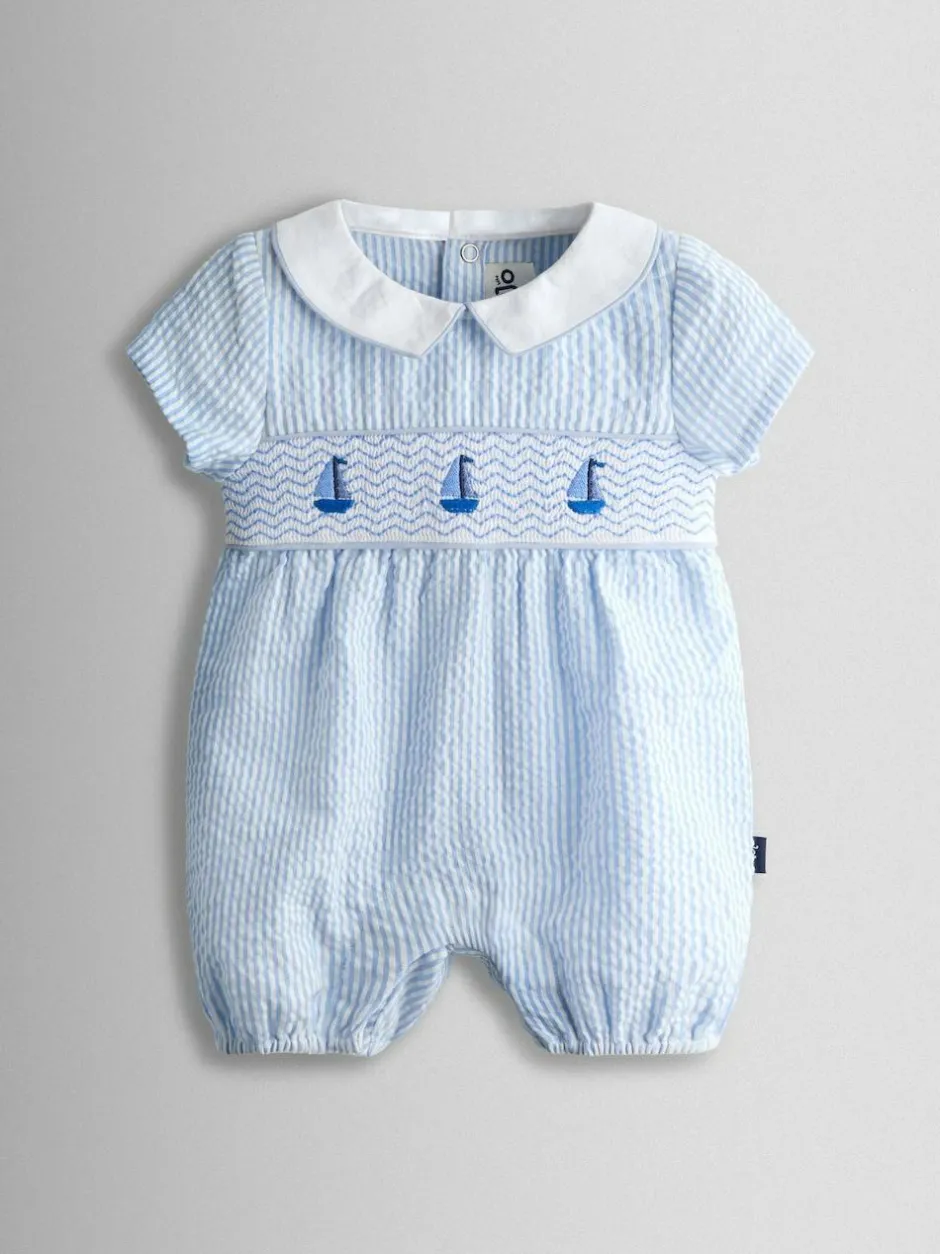 Jojo Maman Bébé Light Blue Boat Classic Smocked Romper New