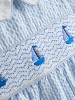 Jojo Maman Bébé Light Blue Boat Classic Smocked Romper New