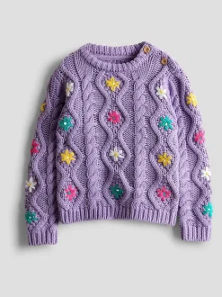 Jojo Maman Bébé Embroidered Chunky Knit Jumper Lilac Purple New