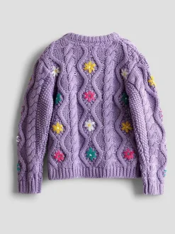 Jojo Maman Bébé Embroidered Chunky Knit Jumper Lilac Purple New