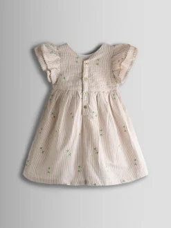 Jojo Maman Bébé Embroidered Frill Sleeve Dress Natural Striped Discount