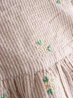 Jojo Maman Bébé Embroidered Frill Sleeve Dress Natural Striped Discount