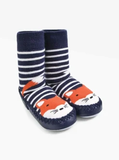 Jojo Maman Bébé Navy Blue Ecru Cream Stripe Mouse Moccasin Slipper Socks Outlet