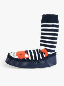 Jojo Maman Bébé Navy Blue Ecru Cream Stripe Mouse Moccasin Slipper Socks Outlet
