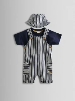 Jojo Maman Bébé Navy Blue Stripe Dungarees, T-Shirt & Hat 3-Piece Set New