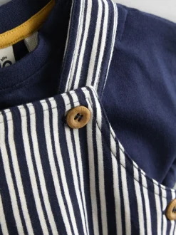 Jojo Maman Bébé Navy Blue Stripe Dungarees, T-Shirt & Hat 3-Piece Set New