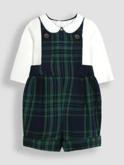 Jojo Maman Bébé Navy Blue Tartan 2-Piece Tartan Dungarees & Body Set