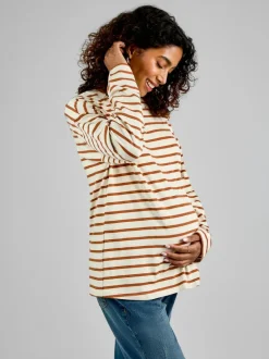 Jojo Maman Bébé Oatmeal & Toffee Stripe Long Sleeve Boyfriend Maternity T-Shirt Online