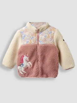 Jojo Maman Bébé Pink Floral Unicorn Fleece Appliqué Reversible Jacket Best