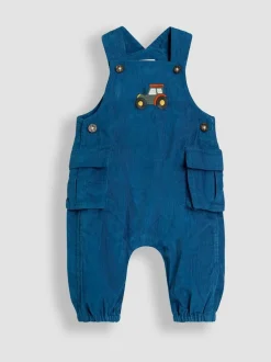 Jojo Maman Bébé Teal Blue Tractor 2-Piece Embroidered Cargo Cord Dungarees & Top Set Sale