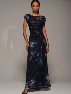 Jolie Moi Asymmetric Neck Mesh Maxi Dress Black New
