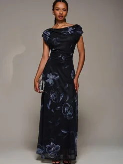 Jolie Moi Asymmetric Neck Mesh Maxi Dress Black New