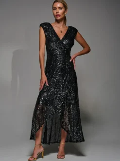 Jolie Moi Black Chrome Sequin Asymmetric Ruffle Hem Maxi Dress