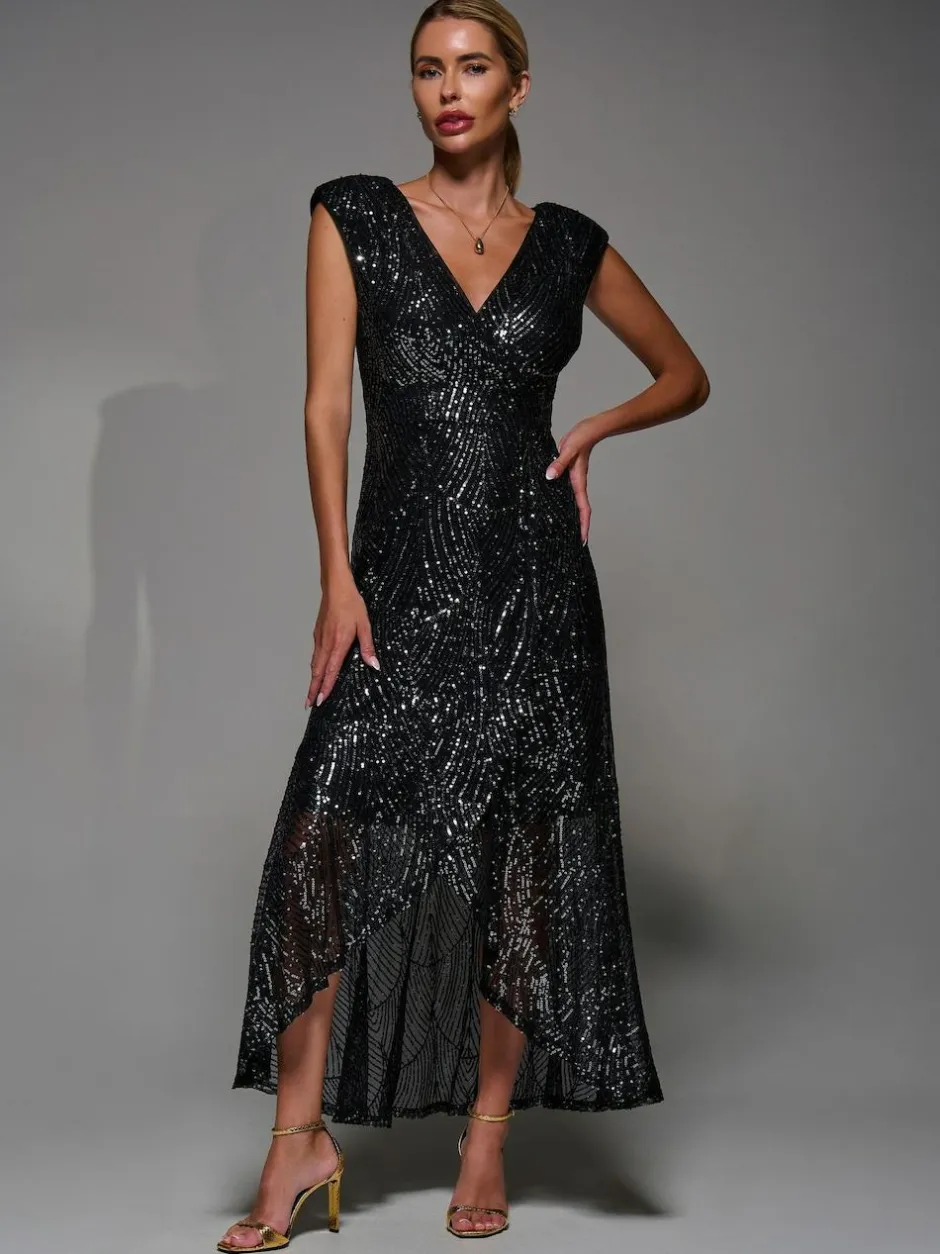 Jolie Moi Black Chrome Sequin Asymmetric Ruffle Hem Maxi Dress